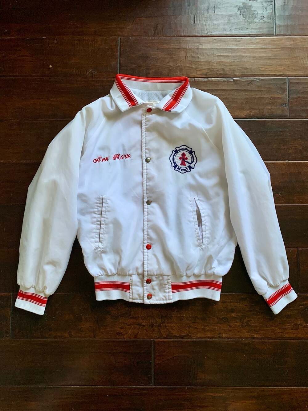 Vintage Canada Sportswear Co. Firefighter Bomber Jacket White Red Embroidered